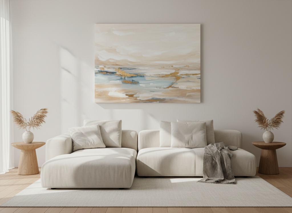 Premium gallery wrapped canvas displayed above a modern neutral sofa in a bright living room.