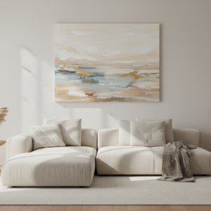 Premium gallery wrapped canvas displayed above a modern neutral sofa in a bright living room.